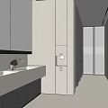 Spacious Modern Public Toilet Interior With Gray Tone Marble Countertop Washbasin Mirror And Lighting Design