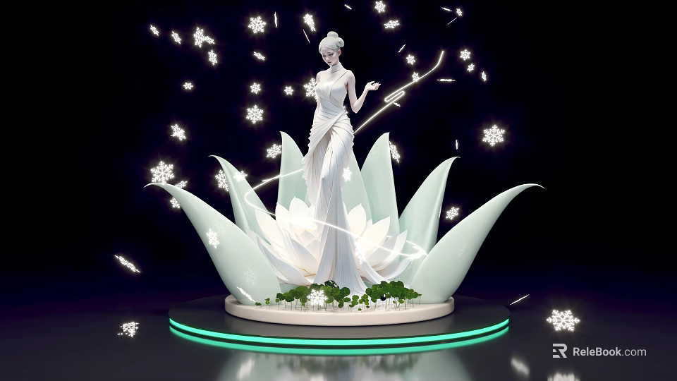 Photo Spot Featuring Elegant White Statue On Lotus Base With Snowflake Decorations And Green Lights 3d model 