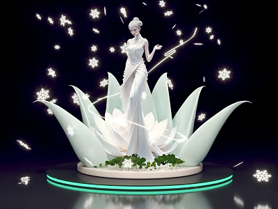 Photo Spot Featuring Elegant White Statue On Lotus Base With Snowflake Decorations And Green Lights 3d model