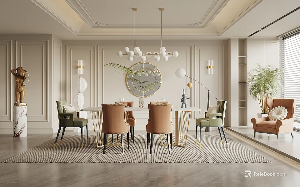 Elegant Restaurant Interior With White Walls Round Mirror Hanging Chandelier And Colorful Chairs 3d model 