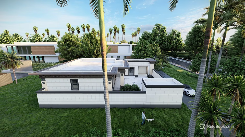Modern Detached Villa With Flat Roof Lush Green Lawn And Palm Trees 3d model 