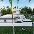 Modern Detached Villa With Flat Roof Lush Green Lawn And Palm Trees