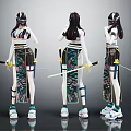 Female Character in Floral Traditional Costume Holding Sword with Modern Sneakers Three Angles