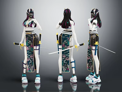 Female Character in Floral Traditional Costume Holding Sword with Modern Sneakers Three Angles 3d model