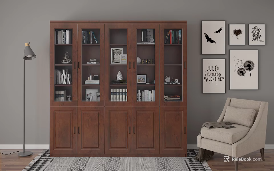 Brown Bookcase With Glass And Wooden Doors Books Decorations Frames Gray Wall Artworks Armchair Rug 3d model 