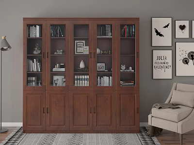 Brown Bookcase With Glass And Wooden Doors Books Decorations Frames Gray Wall Artworks Armchair Rug 3d model