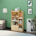 Light Wood Bookcase With Multiple Shelves Books Decorations And Plants Against Green Wall
