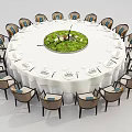 Round Dining Table Set With White Tablecloth Green Centerpiece Chairs And Arranged Tableware 3d model