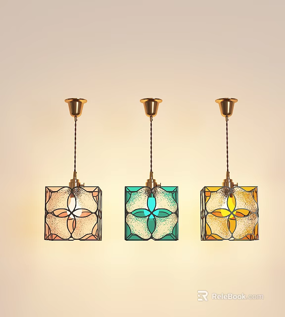 Stained Glass Pendant Lights With Square Design Colorful Patterns And Gold Base 3d model