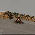 Burning Wood Stack with Stone Elements in Cozy Indoor Space 3d model