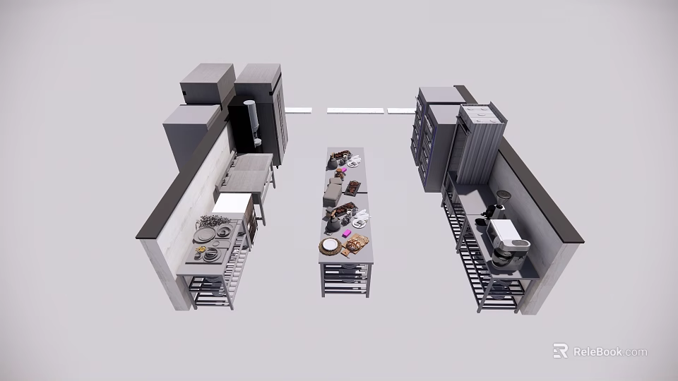 Functional Commercial Kitchen Interior Layout With Central Worktable Side Equipment And Storage Shelves 3d model