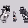 Functional Commercial Kitchen Interior Layout With Central Worktable Side Equipment And Storage Shelves 3d model