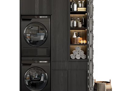 Dark Modern Bathroom Cabinet With Double Washing Machines Shelves And Rolled Towels 3d model