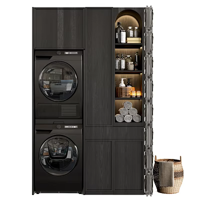 Dark Modern Bathroom Cabinet With Double Washing Machines Shelves And Rolled Towels 3d model