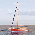 Red And Blue Sailboat Yacht With Tall Mast And Wooden Deck On Sea