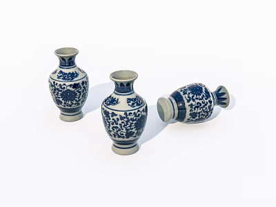 Three Ceramic Vases with Blue and White Floral Patterns One Tilted Isolated on White Background 3d model