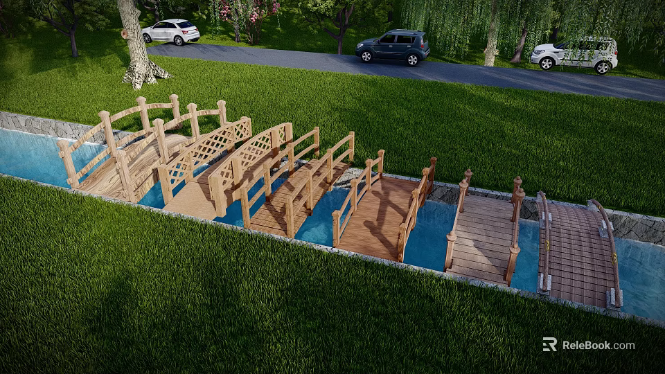 Wooden Arched Landscape Bridge With Water Underneath Green Grass And Trees 3d model 
