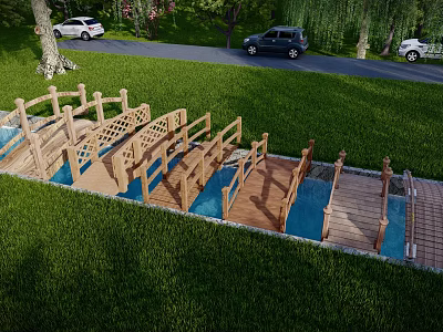 Wooden Arched Landscape Bridge With Water Underneath Green Grass And Trees 3d model