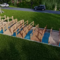 Wooden Arched Landscape Bridge With Water Underneath Green Grass And Trees