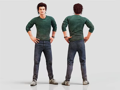 Man in Green Long Sleeve Shirt Blue Jeans with Hands on Hips Front Back View 3d model