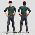 Man in Green Long Sleeve Shirt Blue Jeans with Hands on Hips Front Back View