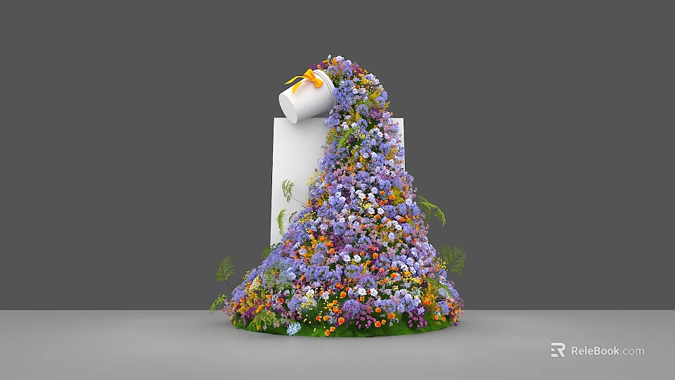 Photo Spot Featuring White Pillar With Rolled Paper Yellow Bow And Colorful Flowers Flowing Down 3d model 