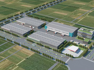 Expansive Industrial Warehouse District With Multiple Buildings Green Fields And Truck Parking 3d model