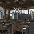 School Library Interior With Arched Windows Bookshelves Chandeliers And Wooden Tables