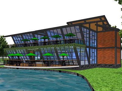Modern Waterfront Building With Glass Facade Black Frame Red Brick Wall Green Umbrellas And Outdoor Seating 3d model
