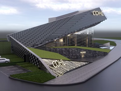 Modern Sales Office Building With Angled Roof COHI Signage Glass Curtain Wall And Landscaped Lawn 3d model