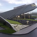 Modern Sales Office Building With Angled Roof COHI Signage Glass Curtain Wall And Landscaped Lawn