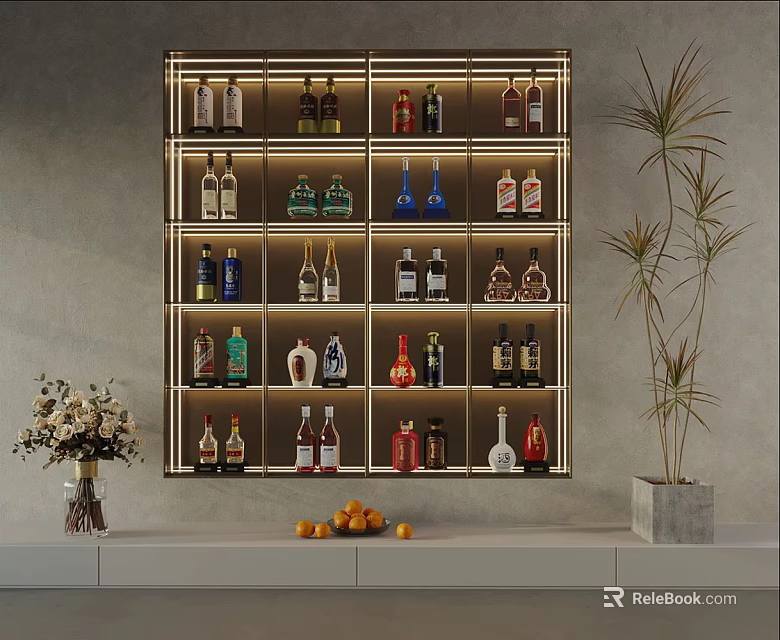 Modern Liquor Cabinet with Various Bottles LED Lighting Flower Vase Oranges and Potted Plant 3d model 