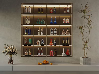 Modern Liquor Cabinet with Various Bottles LED Lighting Flower Vase Oranges and Potted Plant 3d model