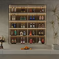 Modern Liquor Cabinet with Various Bottles LED Lighting Flower Vase Oranges and Potted Plant