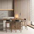 Modern Restaurant Kitchen With Wooden Walls Gray Patterned Island Counter Bar Stools And Lighting