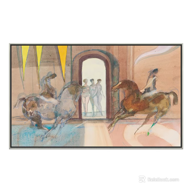 Vintage Artwork Featuring Running Horses Riders Arched Doorway People Yellow And White Flags 3d model 
