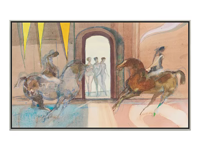 Vintage Artwork Featuring Running Horses Riders Arched Doorway People Yellow And White Flags 3d model