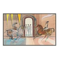 Vintage Artwork Featuring Running Horses Riders Arched Doorway People Yellow And White Flags