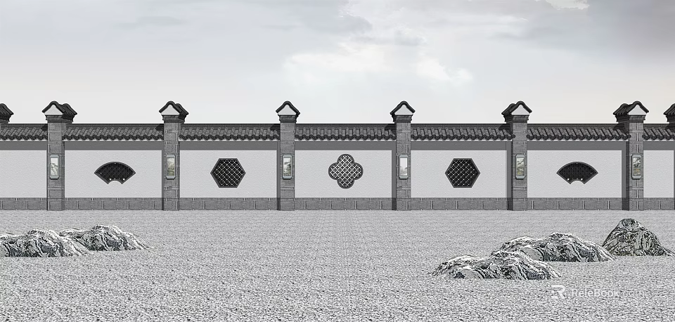 Traditional Scenic Wall Design With Tiled Roof Lattice Windows And Stone Pillars 3d model 