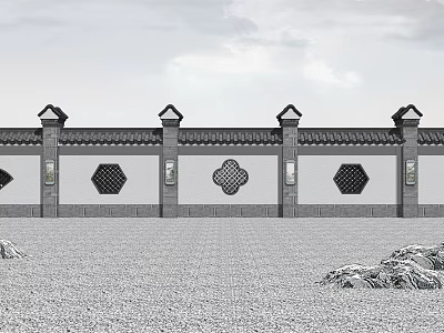 Traditional Scenic Wall Design With Tiled Roof Lattice Windows And Stone Pillars 3d model