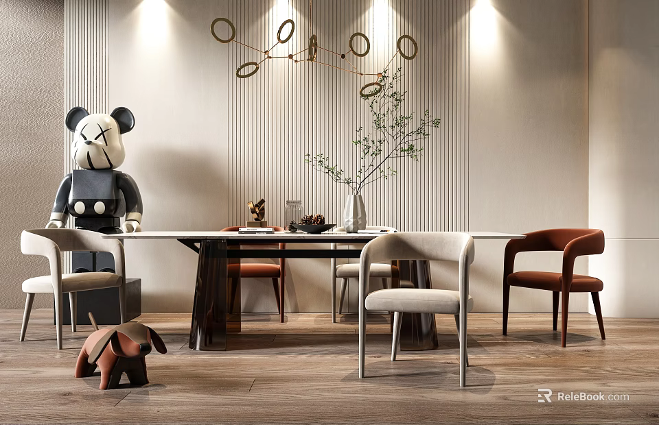 Modern Dining Table Set With Mixed Chairs Stuffed Bear Decorative Lights And Plant 3d model