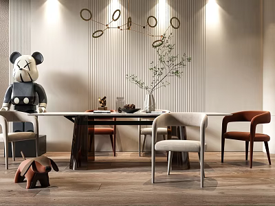 Modern Dining Table Set With Mixed Chairs Stuffed Bear Decorative Lights And Plant 3d model