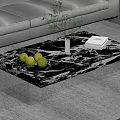 Modern Coffee Table With Black White Marble Top Transparent Legs Green Apples Vase And Book