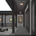 Ancient Chinese Architecture Courtyard Corridor With Hanging Lanterns Decorative Paintings And Green Plants