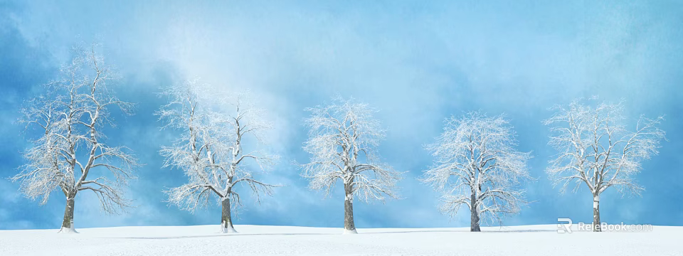 Tall Snow Covered Trees Standing in Winter Landscape Under Clear Blue Sky 3d model 