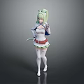 Kids Anime Figure with Green Hair White Outfit Short Skirt Knee High Socks and Tail