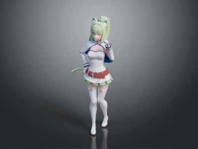 Kids Anime Figure with Green Hair White Outfit Short Skirt Knee High Socks and Tail 3d model