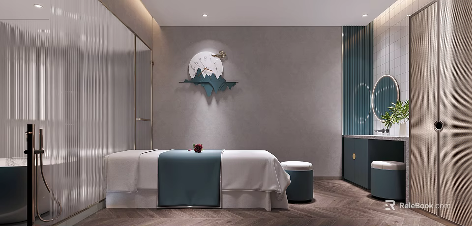 Elegant Beauty Salon Interior With Treatment Bed Teal Linens And Wall Decor 3d model 