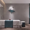Elegant Beauty Salon Interior With Treatment Bed Teal Linens And Wall Decor