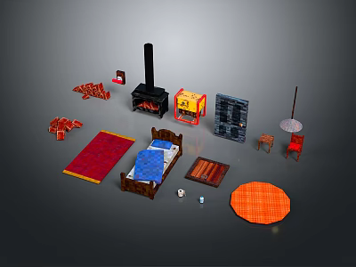 Diverse Home Furniture And Household Decor Items Featuring Bed Rug Fireplace Cabinet Chair Table Art 3d model